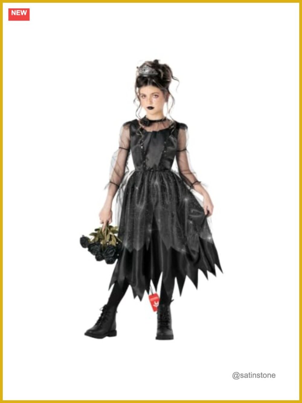 Girls Witch Costume Satin Midi Dress Tiara Headband Halloween